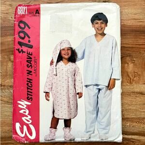 Vintage 1990s Sewing Pattern McCalls 6821 XS - S Kids PJs Hat Slippers COMPLETE